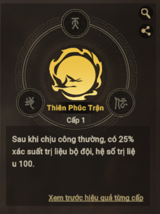 Thiên Phúc Trận cấp 1: 25% xác suất trị liệu bộ đội khi chịu công thường